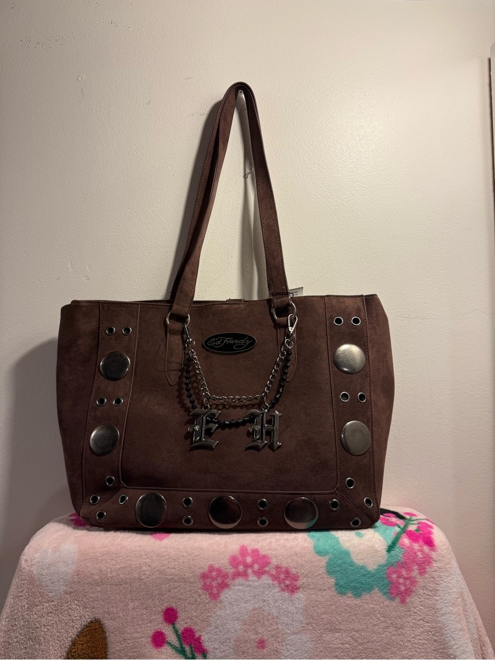 Ed Hardy tote gothic charms large brown faux suede NWT